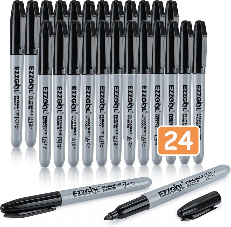 Ezzgol Black Permanent Markers Bulk, 24 Packs Fine Tip Permanent Marker, Waterproof Markers, Premium Smear Proof Pens, Quick Drying, Office Supplies for School, Office, Home - Image 1